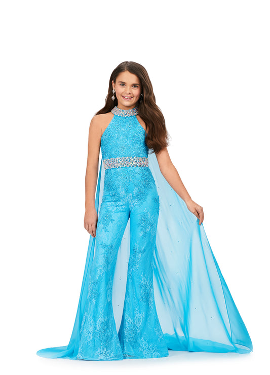 This Ashley Lauren Kids 8225 Girls Lace Crystal Jumpsuit Cape Bell Bottom Pageant Fun Fashion Wear is the perfect way to show off your sense of style. Its exquisite halter neckline and beaded accents make it a truly eye-catching piece. The chiffon cape and flare pant legs add a dramatic element and the jeweled belt and choker provide a touch of sparkle. Make a bold fashion statement with this beautiful jumpsuit!  Sizes: 4-16  Colors: Blue, Pink, Red