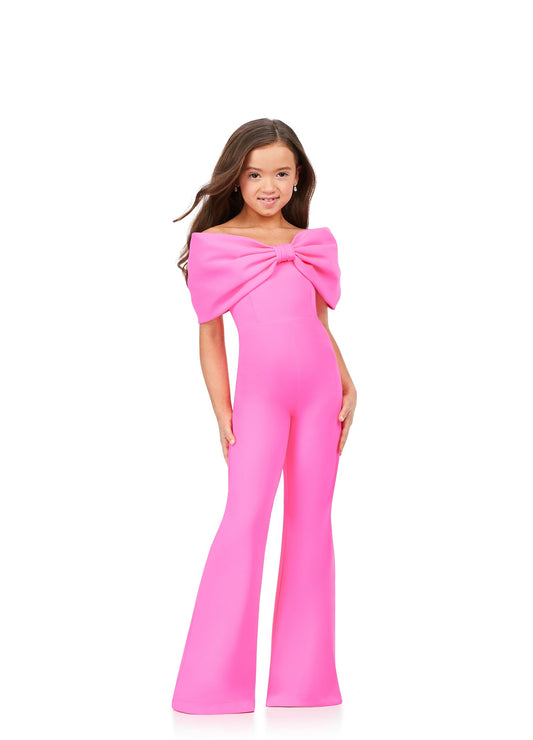 She'll be the talk of the town in the Ashley Lauren Kids 8227 Jumpsuit. Crafted from scuba material, this fashionable design features an off-shoulder bodice with an oversized bow and flare pant legs for a modern touch. Perfect for any special occasion.  Sizes: 4-16  Colors: Red, Hot Pink, Turquoise, White/Black