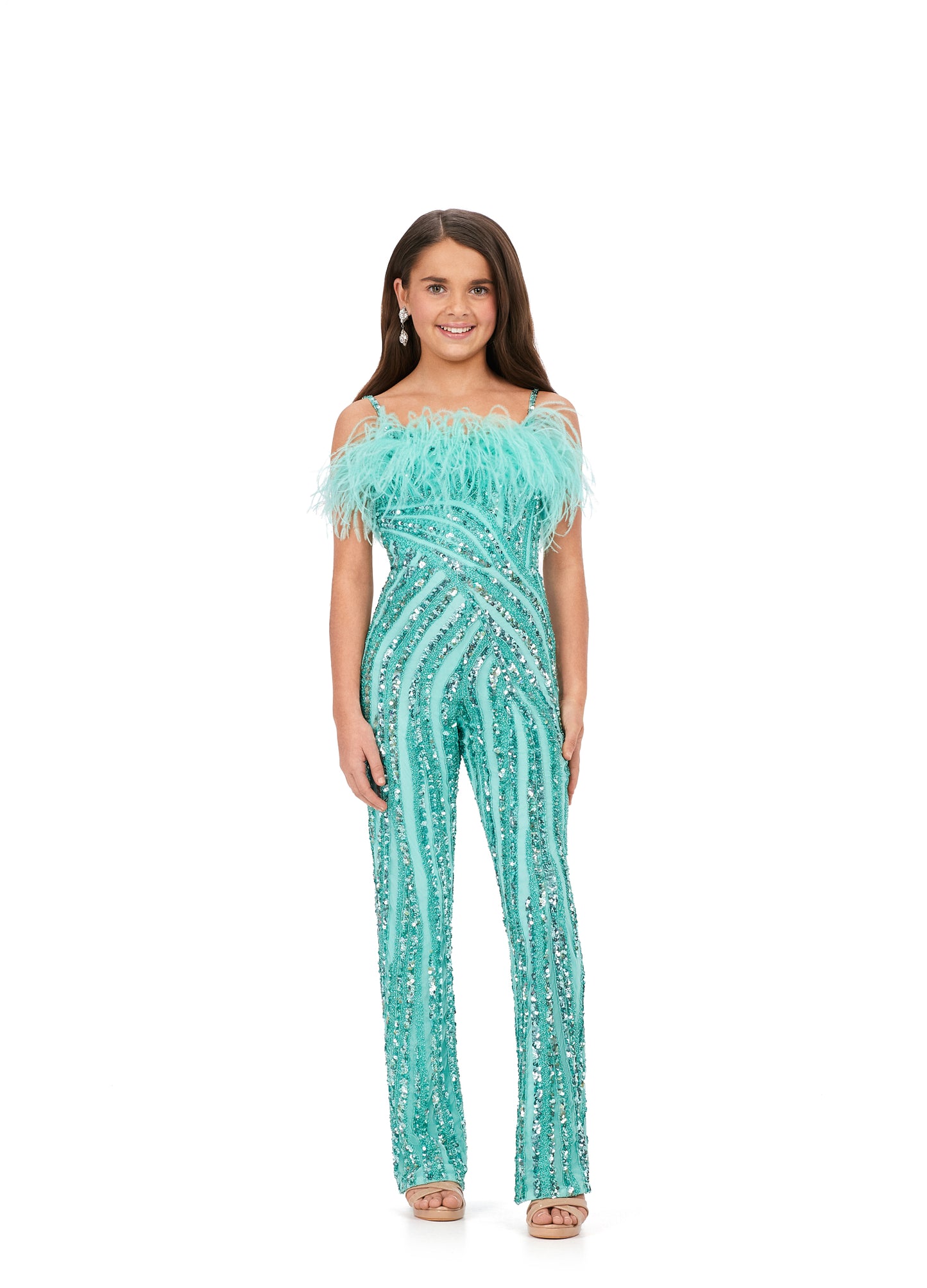 Make a show-stopping impression in this beautiful Ashley Lauren Kids 8235 Girls Beaded Long Pageant Jumpsuit. Featuring intricate bead pattern, sparkly sequins and feather details on the neckline, it's the perfect choice for your formalwear needs. Fully beaded design ensures a standout look in any pageant or special event.  Sizes: 4-16  Colors: Aqua, Candy Pink, Periwinkle