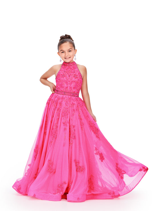 Ashley Lauren 8238 Size 8 Hot Pink Girls Beaded Ballgown High Neckline Fully A line Dress Pageant