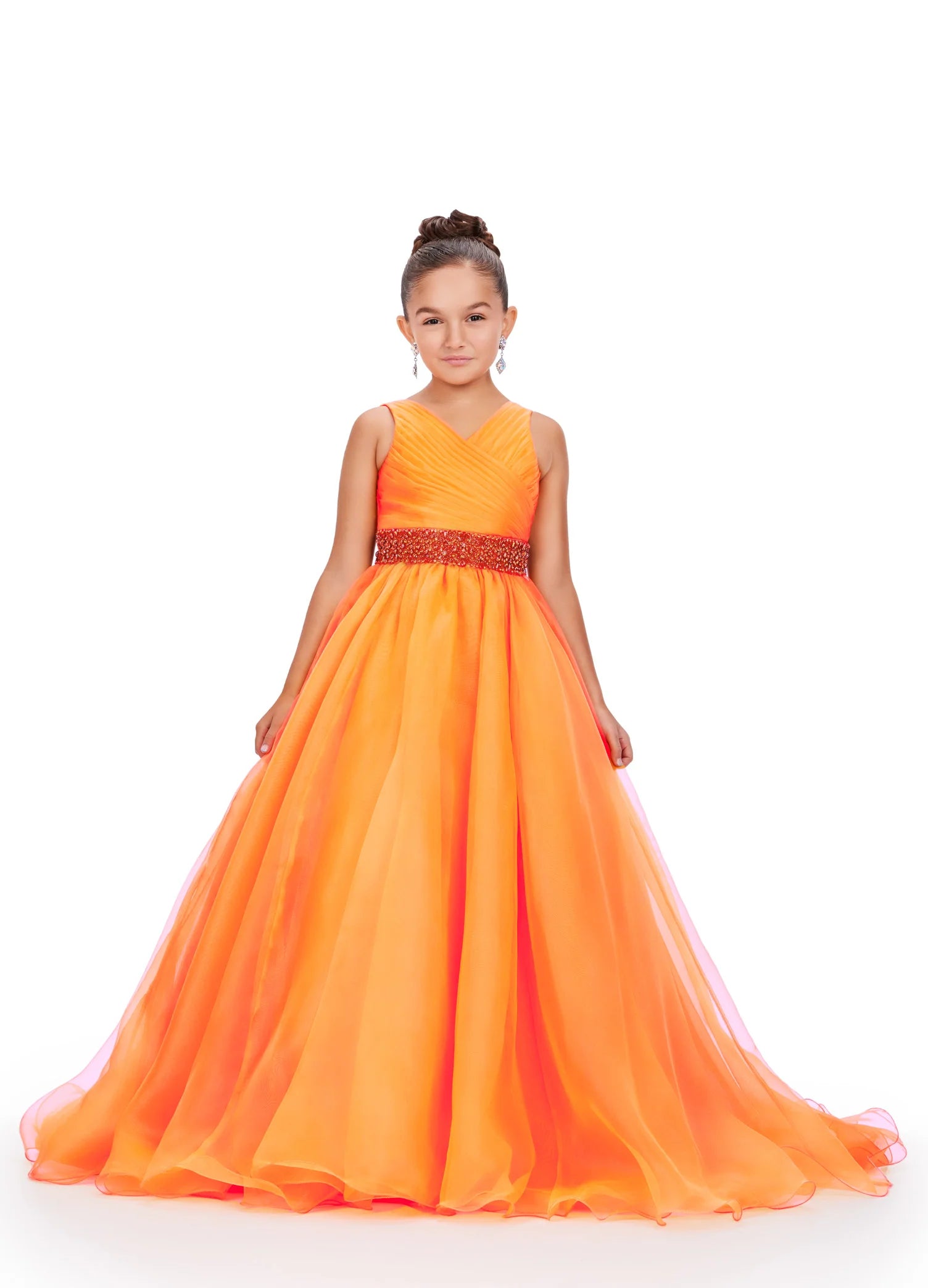 Expertly designed for young pageant contestants, the Ashley Lauren Kids 8249 dress combines a classic A-line silhouette with a modern V-neckline and sparkling crystal belt. Made from luxurious organza fabric, this dress is both elegant and comfortable, ensuring your child will look and feel their best on stage.