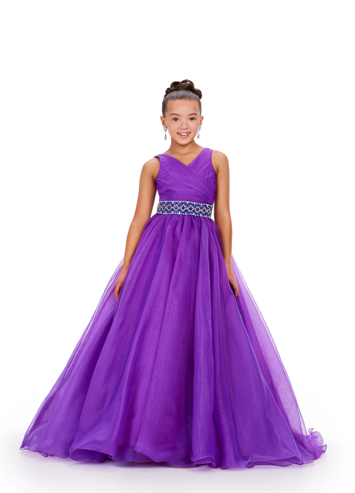 Expertly designed for young pageant contestants, the Ashley Lauren Kids 8249 dress combines a classic A-line silhouette with a modern V-neckline and sparkling crystal belt. Made from luxurious organza fabric, this dress is both elegant and comfortable, ensuring your child will look and feel their best on stage.