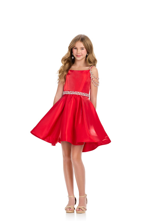 This Ashley Lauren Girls 8277 short cocktail dress is perfect for pageants, formals, and special occasions. Featuring an off the shoulder neckline and shimmering satin fabric, it exudes elegance and sophistication. Ideal for girls who want to stand out in style. Off the shoulder crystal triple straps with Crystal waistband. Flared A Line skirt.