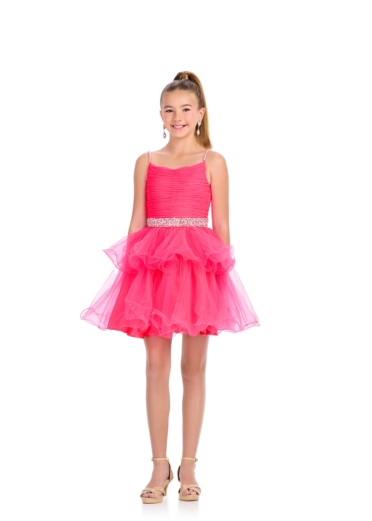 Elevate your little girl's special occasion style with the Ashley Lauren 8279 Girls Short Tulle Cocktail Dress. This stunning dress features delicate embellished spaghetti straps and waistline, adding a touch of glamour to the classic tulle design. Perfect for any formal event or celebration, this dress is a must-have for your child's wardrobe.

Colors:&nbsp; Red, Black, Neon Pink, White

Sizes:&nbsp; 2-16