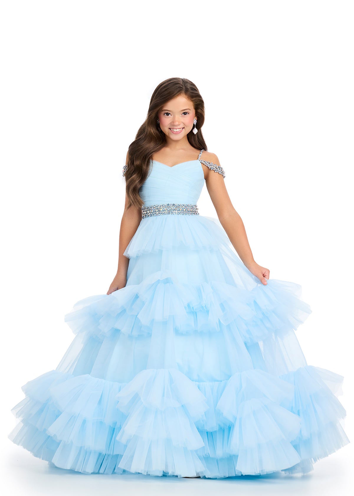 Ashley Lauren 8281&nbsp; Get ready to twirl and dance all night in this Ashley Lauren girls ruffled organza ballgown! The off-shoulder straps add a touch of elegance, while the playful ruffles make this dress truly unique. Get ready to be the belle of the ball!

Sizes: 2-16