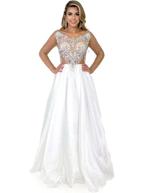 Make an unforgettable entrance in this Marc Defang 8309 Sheer Crystal Bodice A Line shimmer organza ballgown skirt Pageant Dress. This formal gown features a delicate crystal embellished long sleeve top adorned with shimmering crystals and a A-line floor length skirt. Perfect for a pageant or a special event.  Sizes: 00,0,2,4,6,8,10,12,14,16  Colors: White