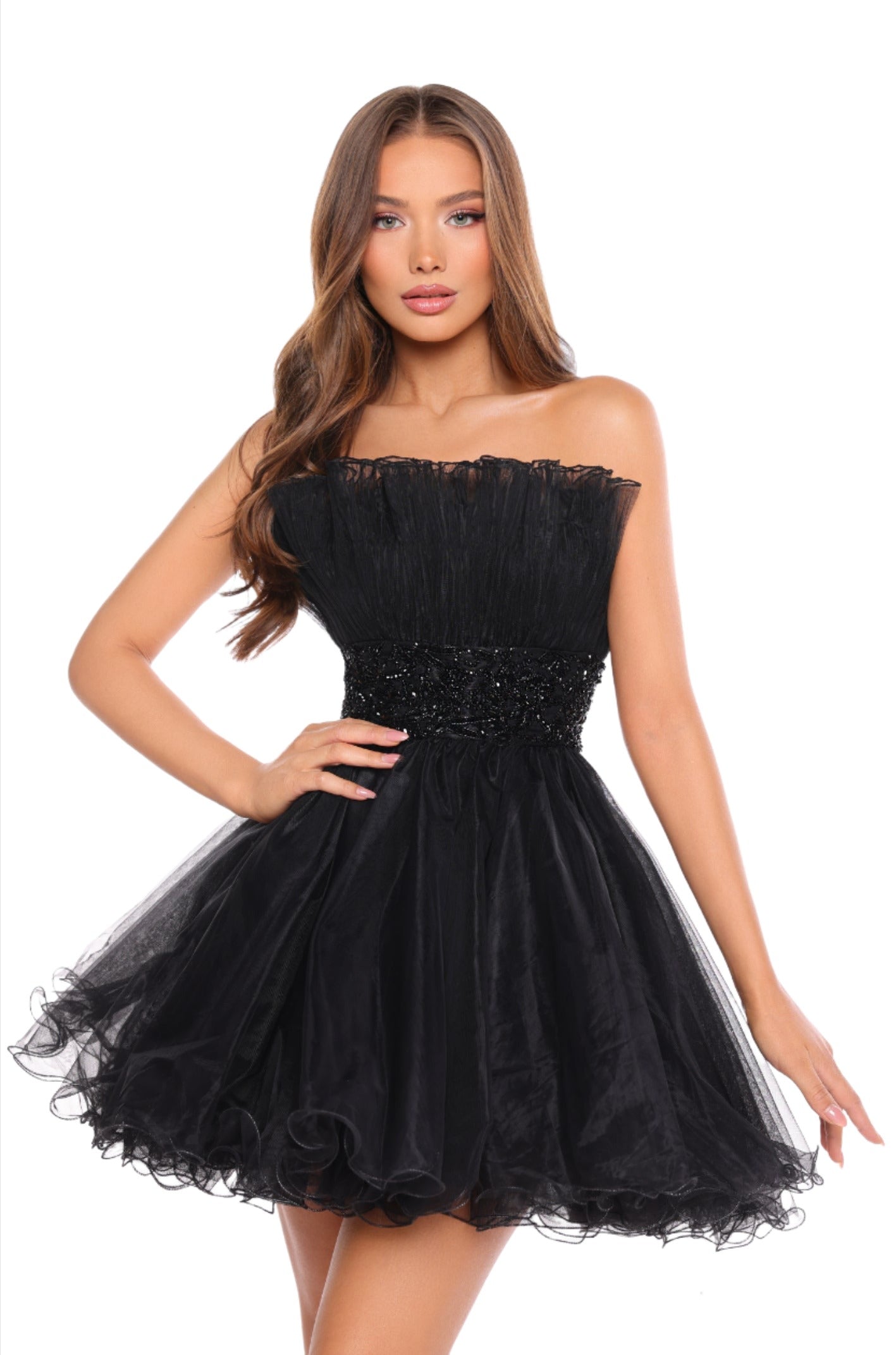 Introducing the Amarra 88038 Short Tulle A Line Homecoming Dress. This beautifully designed strapless gown features pleated tulle fabric for a sophisticated look. Perfect for any formal occasion, this dress is sure to make a statement. Expertly crafted with high-quality materials, this A-line dress will make you feel confident and elegant. This strapless tulle dress features a crinkly texture with gathered detail across the top.