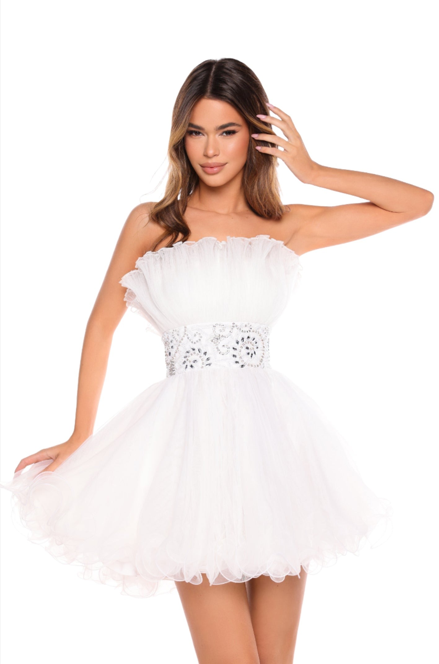 Introducing the Amarra 88038 Short Tulle A Line Homecoming Dress. This beautifully designed strapless gown features pleated tulle fabric for a sophisticated look. Perfect for any formal occasion, this dress is sure to make a statement. Expertly crafted with high-quality materials, this A-line dress will make you feel confident and elegant. This strapless tulle dress features a crinkly texture with gathered detail across the top.