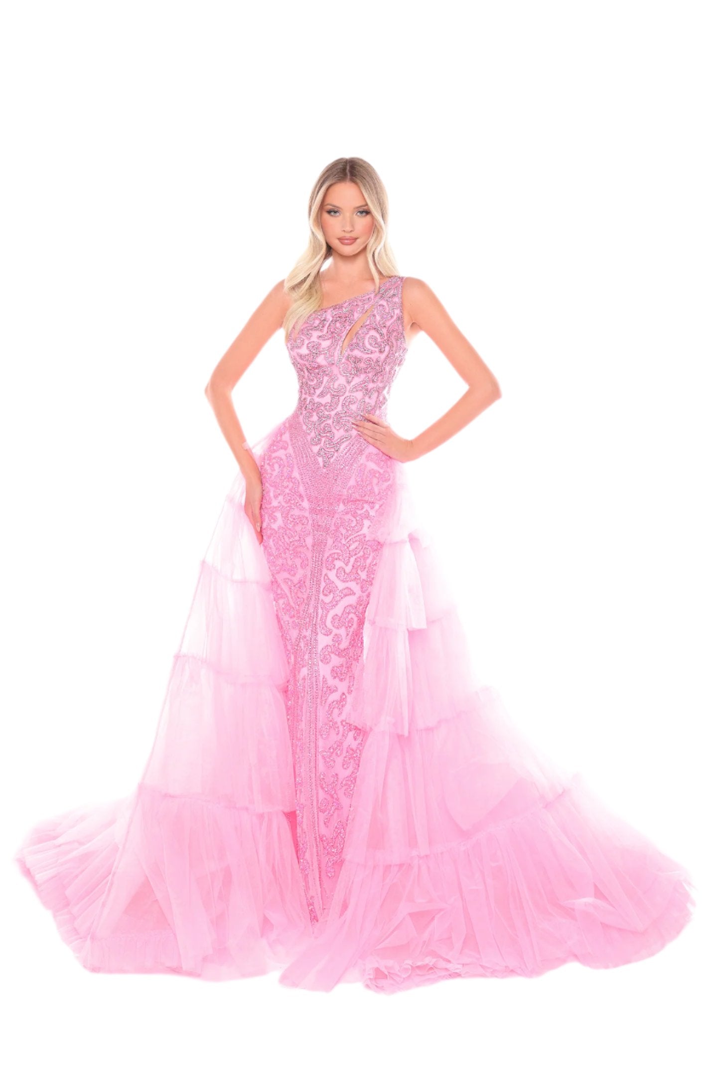 Introducing the Amarra 88147 Beaded One Shoulder Pageant Dress. With intricate beading and a tiered overskirt, this formal gown exudes elegance and sophistication. The crystal detailing adds a touch of sparkle, making you stand out at any event. Elegant tiered tulle gown with intricate crystals and sequin, and a flattering one shoulder neckline. 