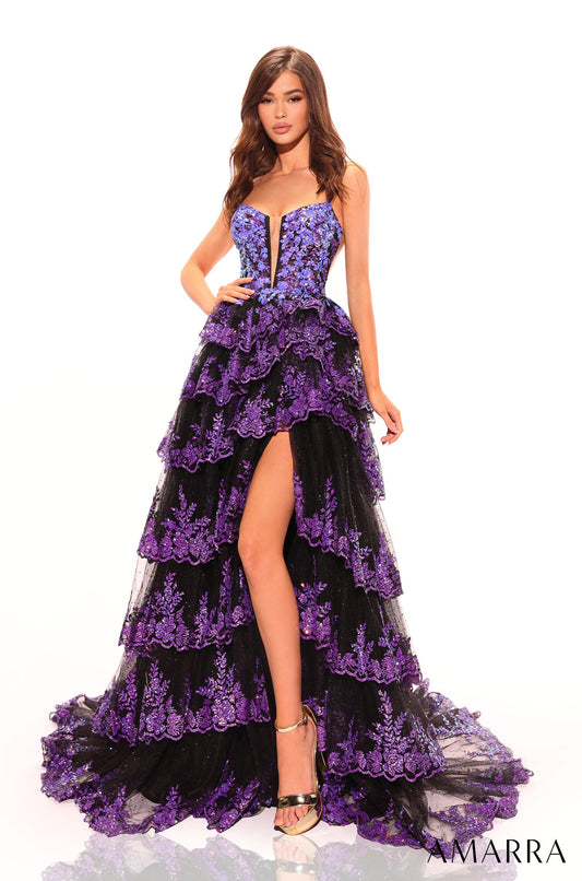 Elevate your glamour game with the Amarra 88745 Sequin Layer Maxi Slit Sheer Corset Prom Dress. The A-line silhouette and corset-style bodice flatter your figure, while the sequin layer adds a touch of sparkle. With a daring slit and sheer detailing, this dress is perfect for formal events or pageants. 