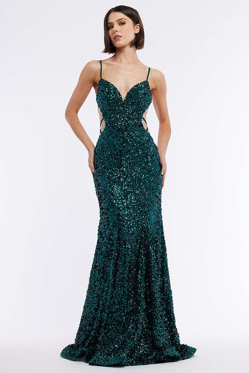 Look stunning in Vienna Prom 8878. Crafted from a lustrous sequined fabric, this dress features a backless and sheer cut-out design. The elegant fitted bodice fits snugly to flatter your curves, making this the perfect formal or pageant dress.  Sizes: 00-16  Colors: Fuchsia, Lilac, Green