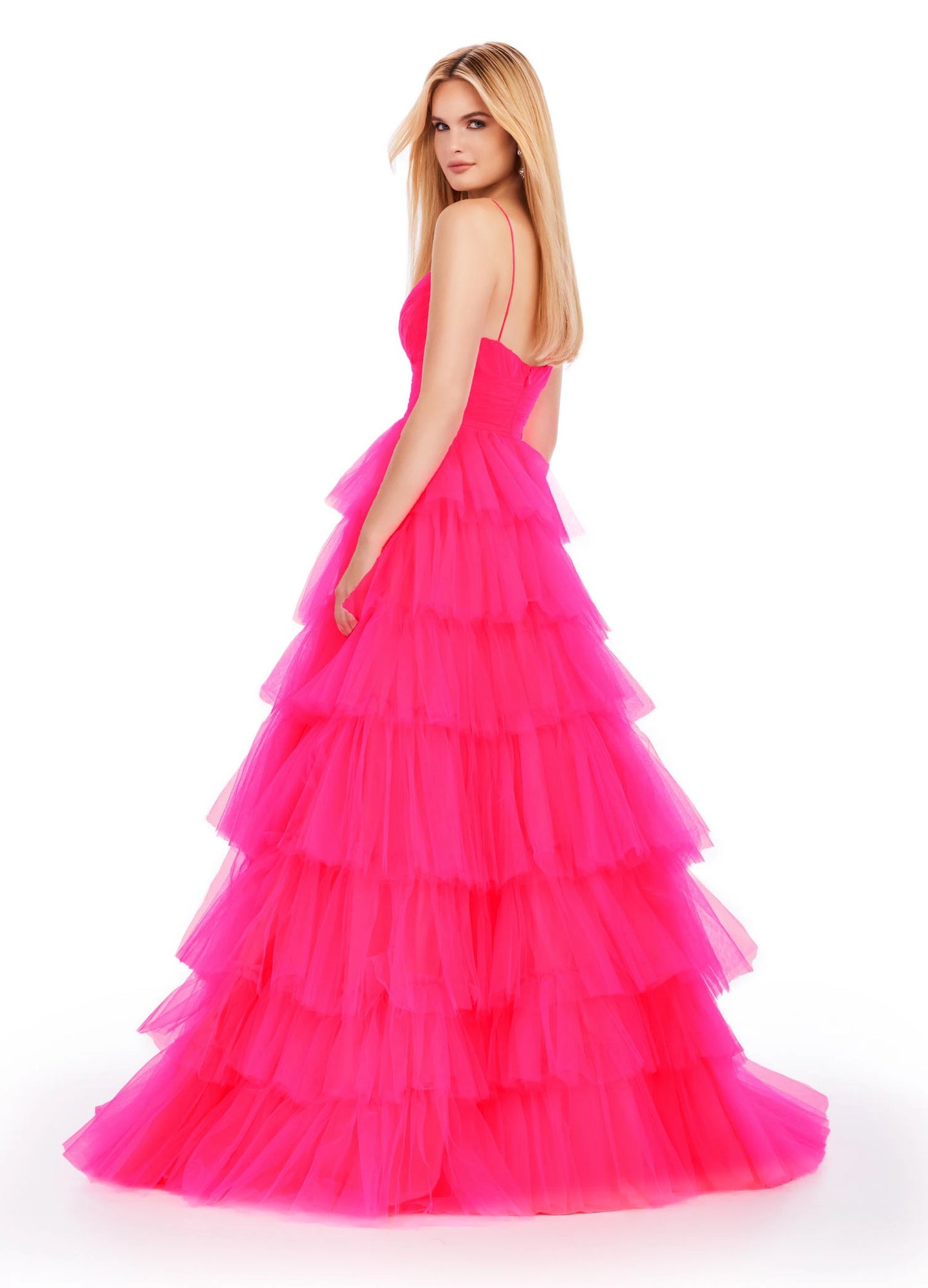 Ashley Lauren 11622 Long Layered Tulle A Line Prom Dress Formal Ballgown V Neck This tulle ball gown features a tiered design and ruched bustier. The look is complete with spaghetti straps and a sweetheart neckline.  COLORS: Electric Coral, Orchid, Jade, Hot Pink Sizes: 0-24