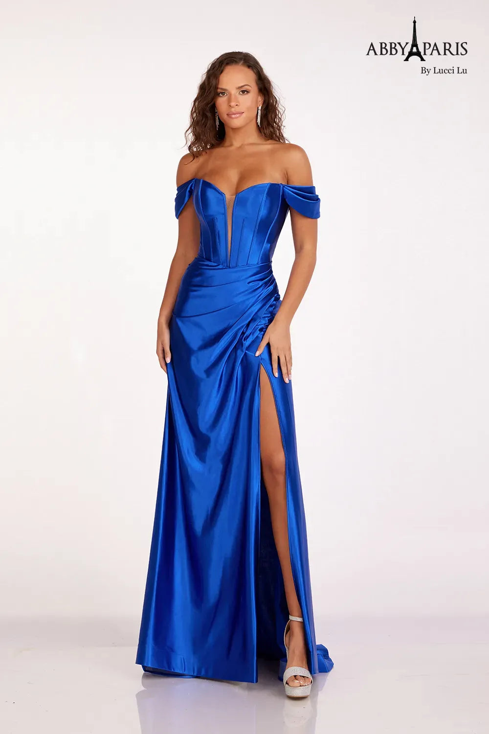 Abby Paris 90216 Size 4 Dusty Blue Satin Prom Dress off the shoulder Ruched slit Evening Gown Bridesmaid