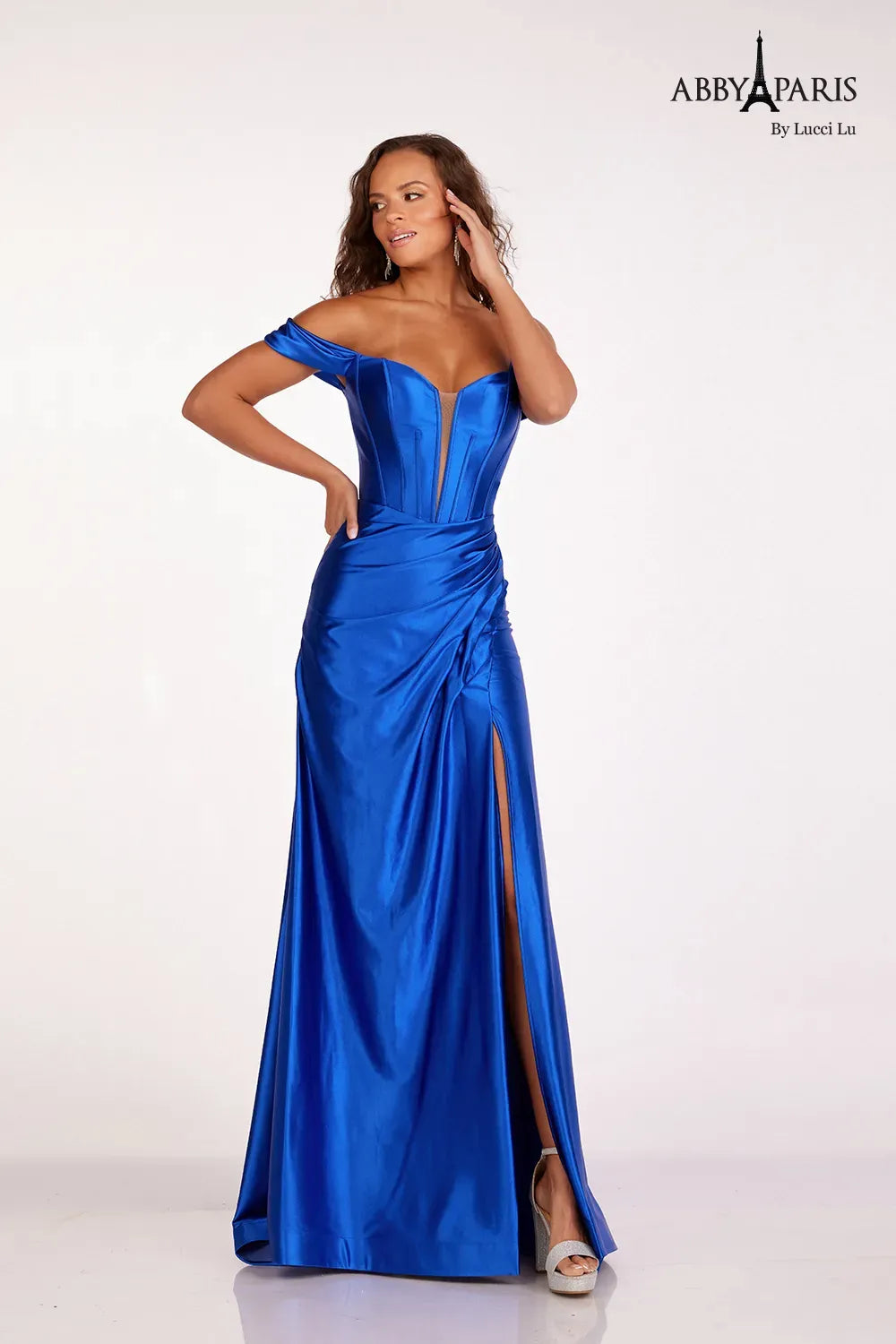 Abby Paris 90216 Size 4 Dusty Blue Satin Prom Dress off the shoulder Ruched slit Evening Gown Bridesmaid