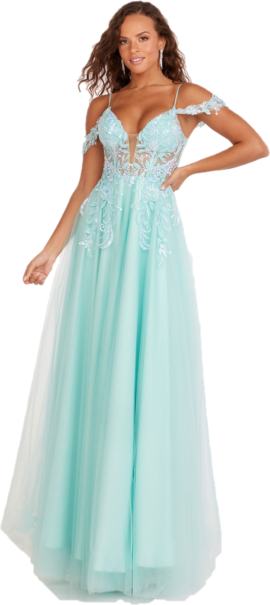 The Abby Paris 90242 Sheer Sequin Corset offers a stunning off-the-shoulder A-line silhouette, perfect for any formal event. The sheer sequin design adds a touch of glamour, while the corset structure provides a flattering fit. Make a statement and turn heads with this elegant and sophisticated prom dress.  Sizes: 0-14  Colors: Aqua