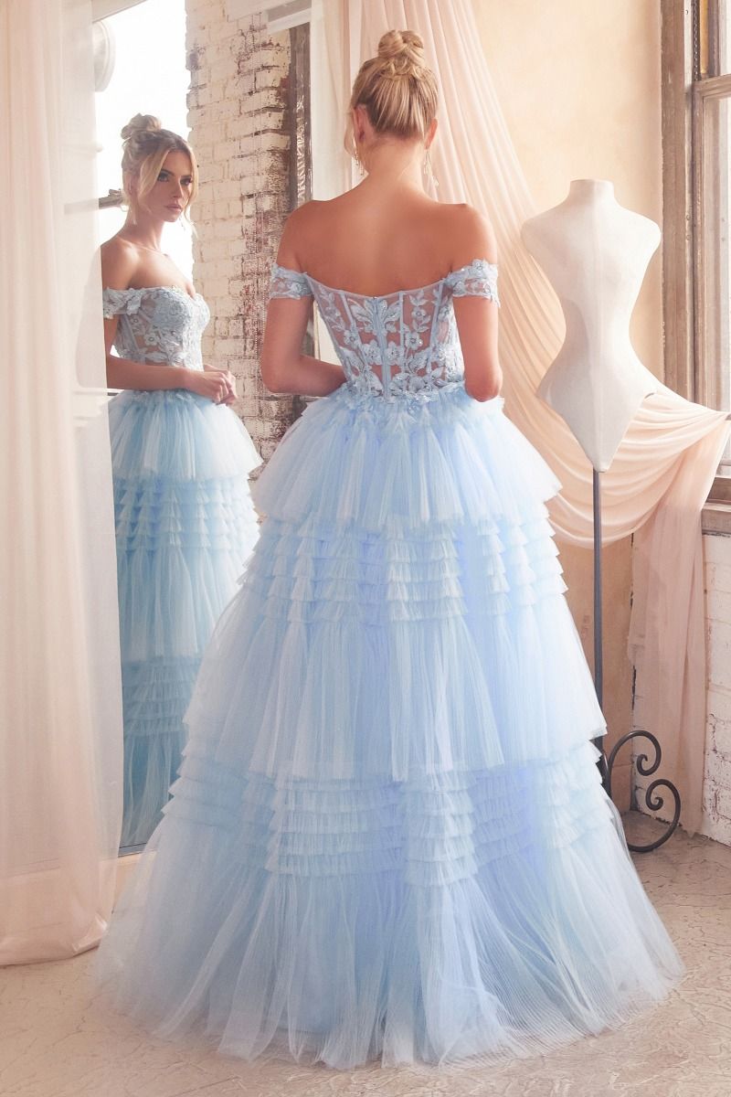 Indulge in the opulence of Ladivine's 9315 Long Layered Tulle Ballgown. The stunning sheer lace corset and off-the-shoulder design exude elegance, while the layered tulle adds volume and movement. Perfect for prom or any formal event, this dress will make you feel like a princess. Let your fairytale dreams come true with this exquisite layered pleated tulle ball gown!