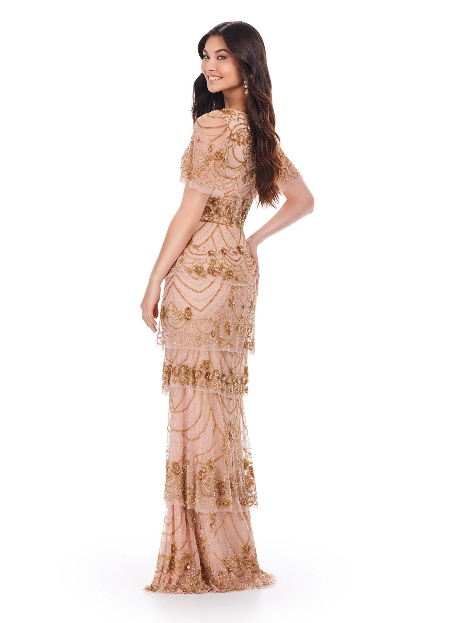 Ashley Lauren 11235 Beaded Evening Gown Long Dress Multi Tiered Sequin V-Neck Butterfly Sleeve