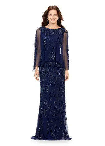 Ashley Lauren 11214 Fully Hand Beaded Crew Neckline High Back Overlay Fitted Evening Dress. A timeless evening gown complete with a sheer overlay. This gown has a sequin motif that sparkles throughout the gown and overlay. Talk about elegant!