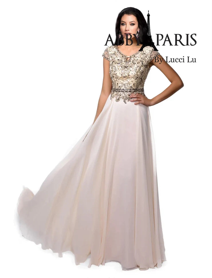 Look sophisticated and elegant at your next formal event with the Abby Paris 95091 A-Line Gown. Crafted from beautiful chiffon fabric, this knee-length dress features an embellished bodice and short sleeves for a polished look. Enjoy superior comfort and a flattering fit at your MOB or formal event.