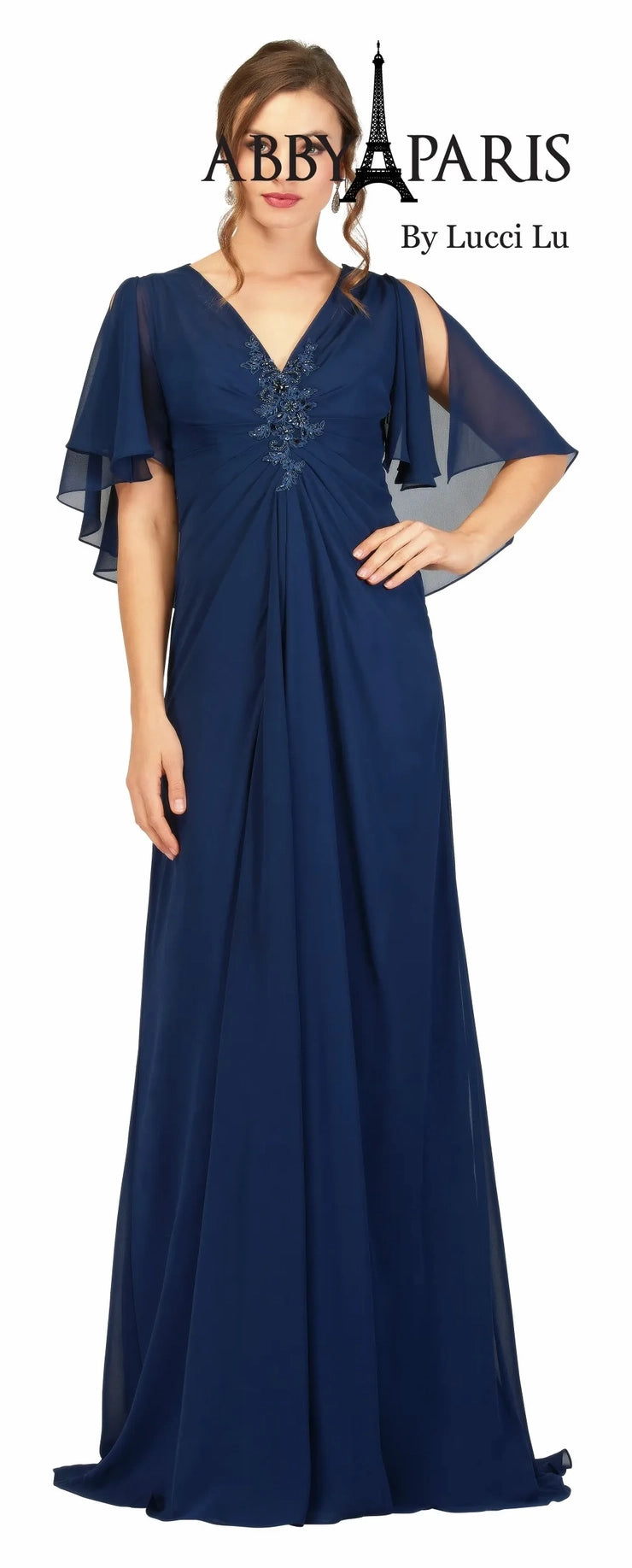 Abby Paris 96054W A-Line Chiffon V-Neck Plus Size MOB Formal Dress is perfect for making a statement on special occasions. Featuring an A-line silhouette, V-neckline, and chic chiffon fabric, this dress flatters any figure and is designed for lasting wear. Plus size options available.