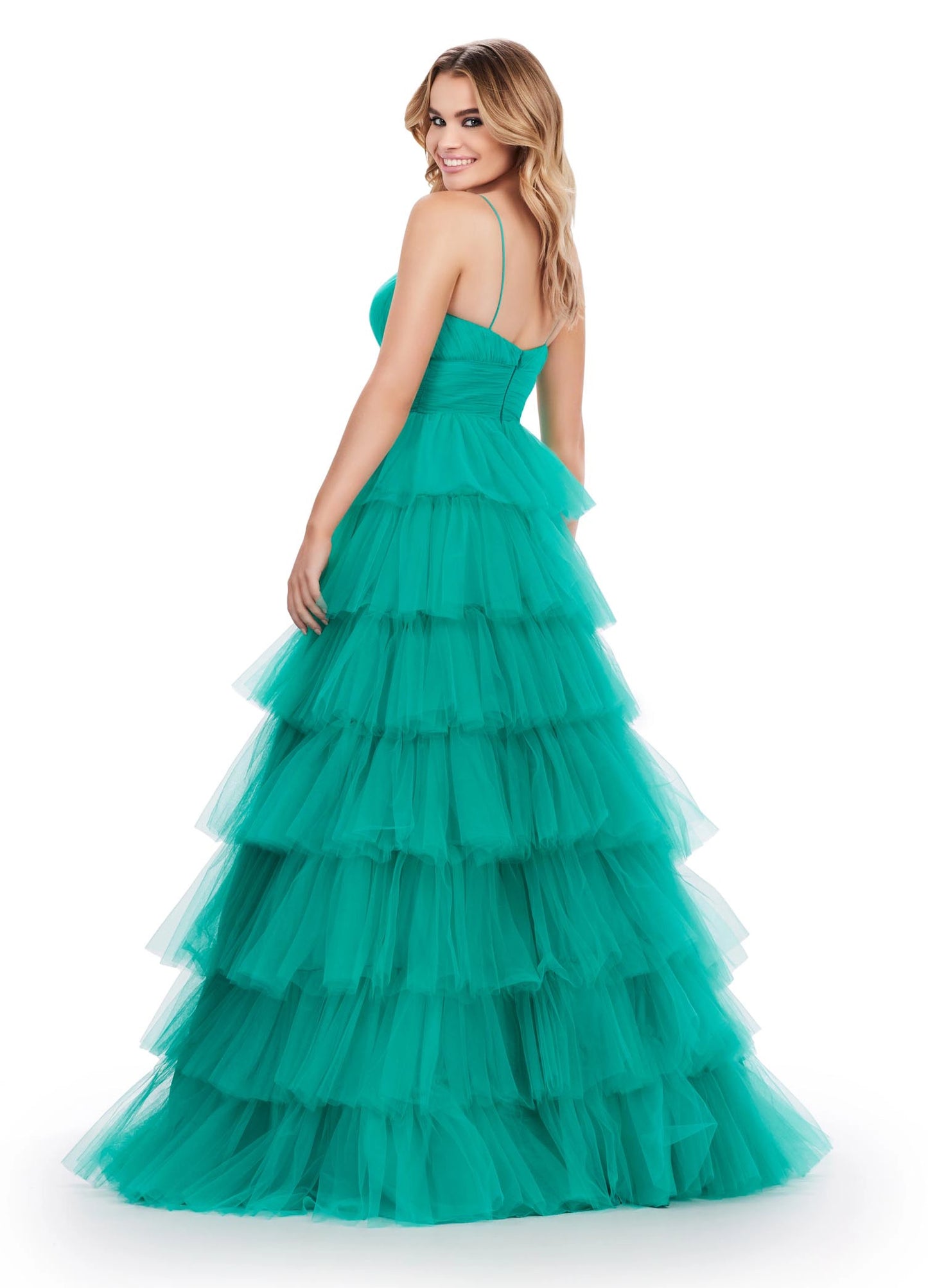 Ashley Lauren 11622 Long Layered Tulle A Line Prom Dress Formal Ballgown V Neck This tulle ball gown features a tiered design and ruched bustier. The look is complete with spaghetti straps and a sweetheart neckline.  COLORS: Electric Coral, Orchid, Jade, Hot Pink Sizes: 0-24