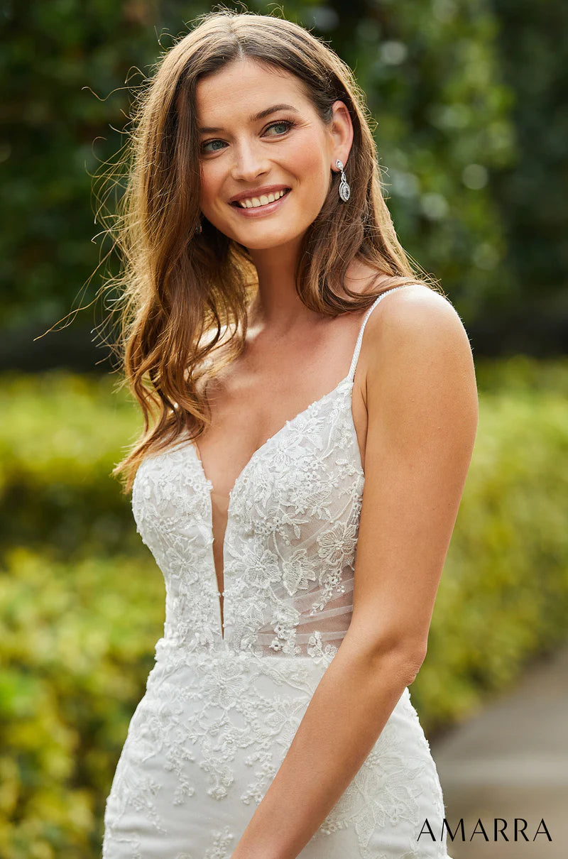 ﻿Amarra Bridal "Alexandra" Mermaid Spaghetti Strap Plunging neckline Sheer Embroidered Bodice Wedding Gown. If you’re looking for a classic and elegant wedding dress with lots of charm, meet Alexandra.