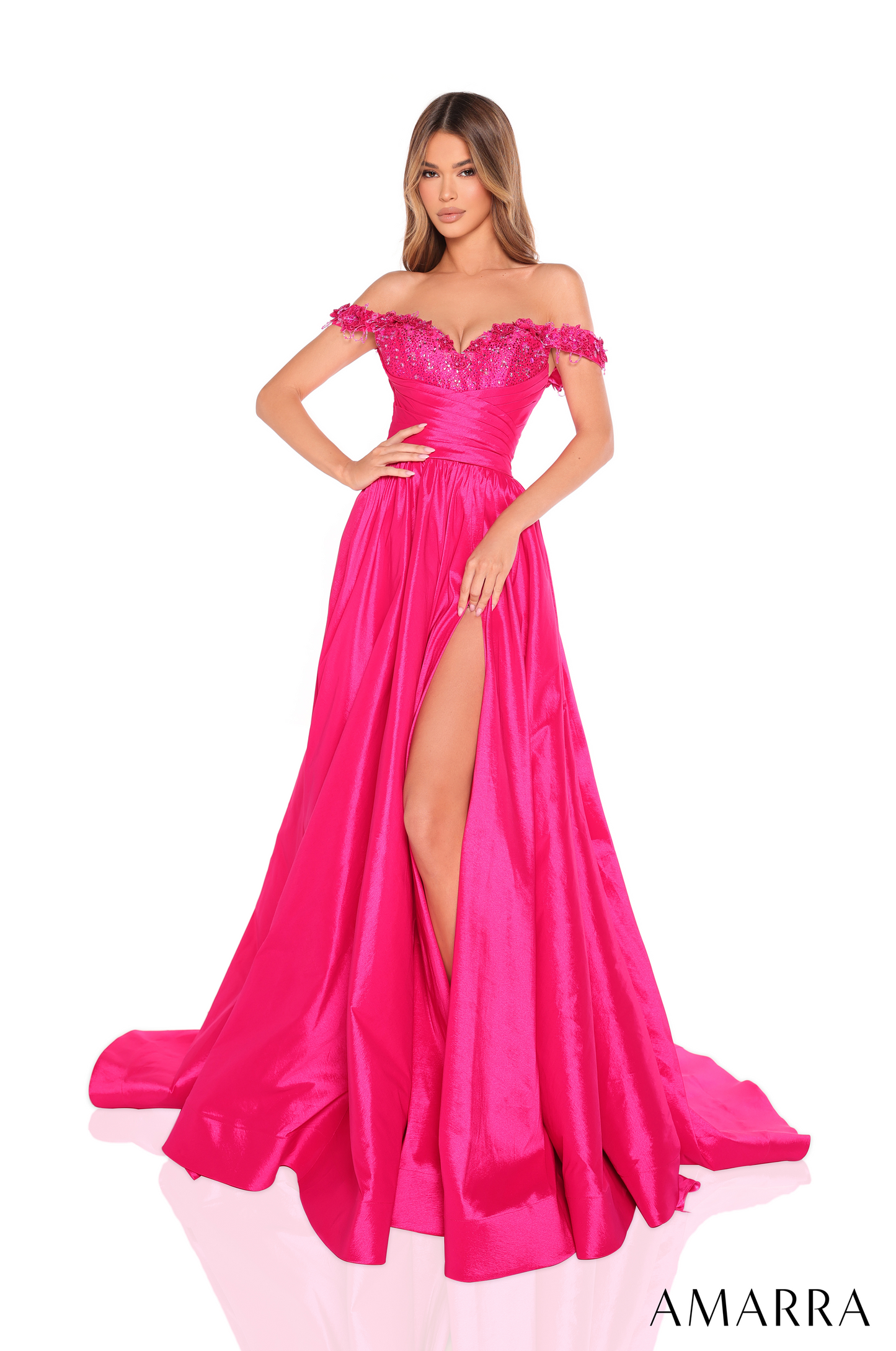 Amarra 88213 off the shoulder prom dress ballgown corset ruching 3D flowers A line Evening Gown