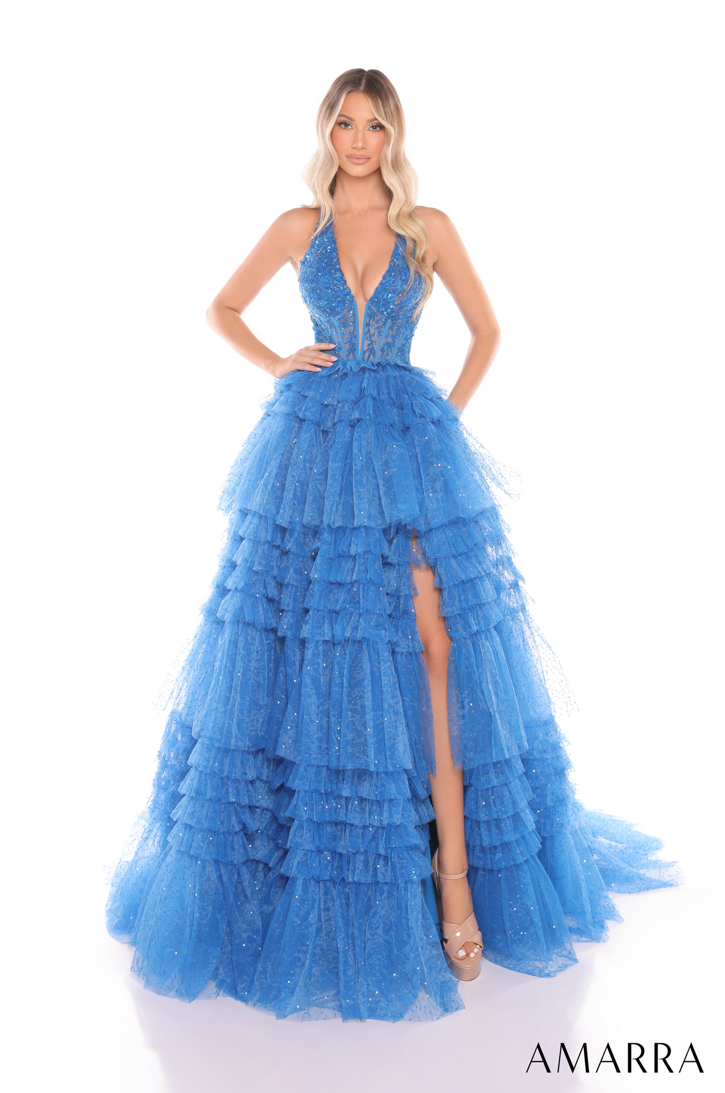 Amarra 88226 Ruffle Sequin Tulle Prom Dress Ball Gown With Beaded Halter Top Layers Ruffles