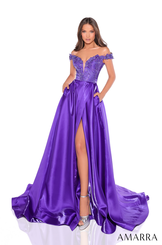 Amarra 88247 Off The Shoulder A line Prom Dress With 3D Flowers Trimmed Sweetheart Neckline Satin Wrap Skirt