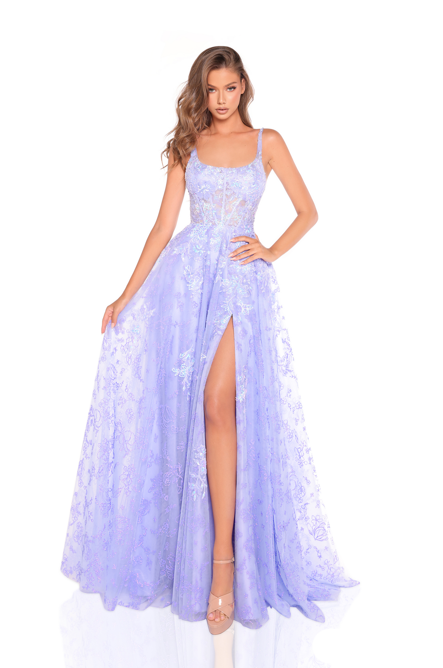 Amarra 88240 Sequin A-line Prom Dress Sheer Corset Bodice Square Neckline Sequins Low Back