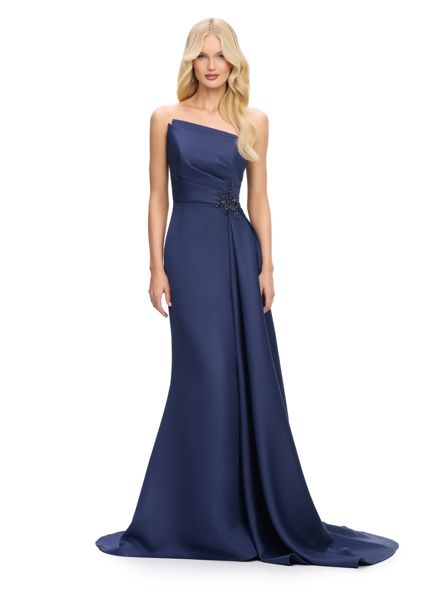 Ashley Lauren 11700 Asymetrical Neckline Evening Gown Satin Ruched Embellished Waist Leading to Flowy Side Train