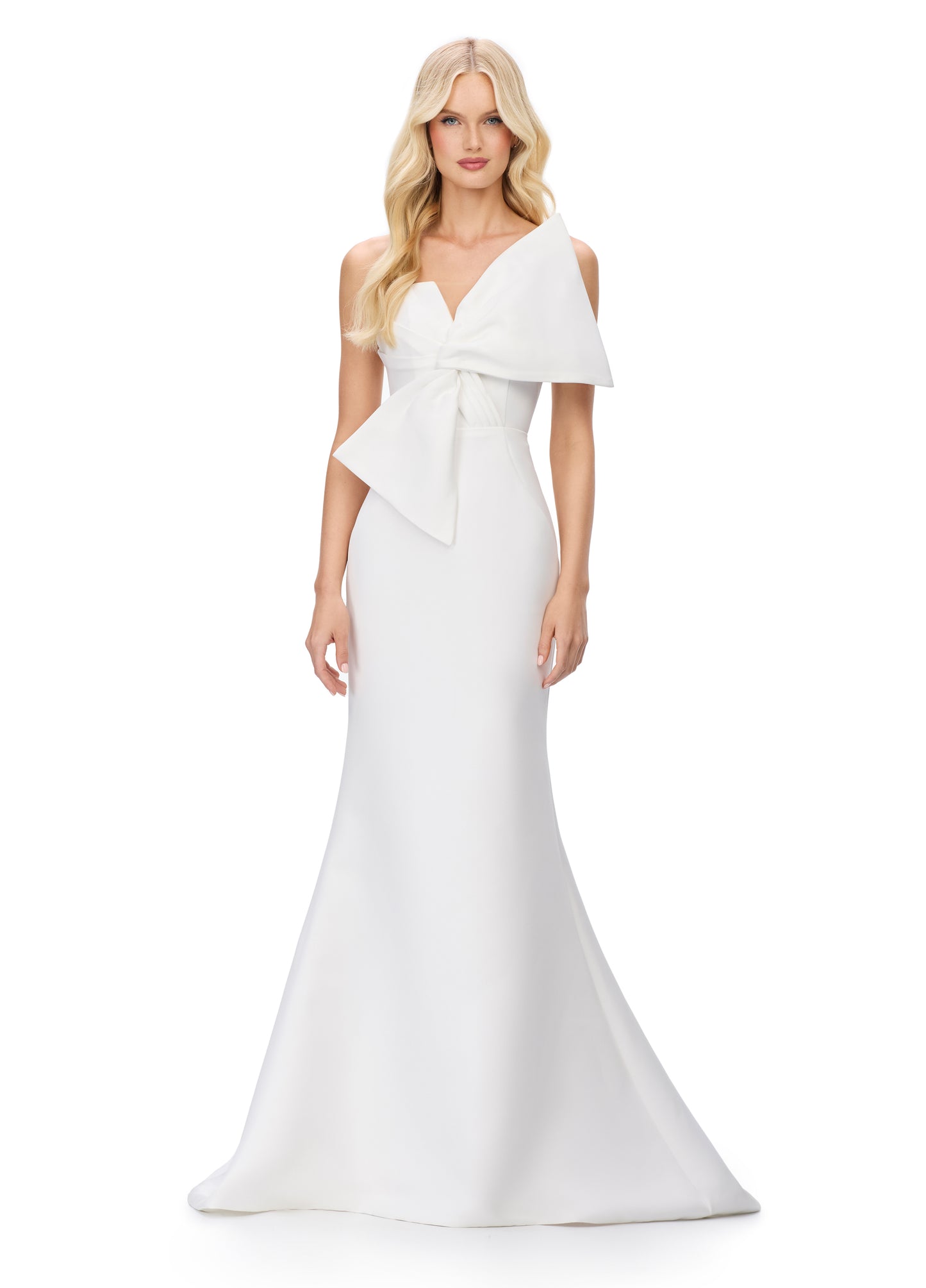 This Ashley Lauren 11702 evening gown boasts a striking large bow, spaghetti straps, and a flattering fit and flare silhouette. The bow bodice adds a touch of elegance, while the V neckline highlights your décolletage. Perfect for formal events and special occasions, this gown is sure to turn heads.