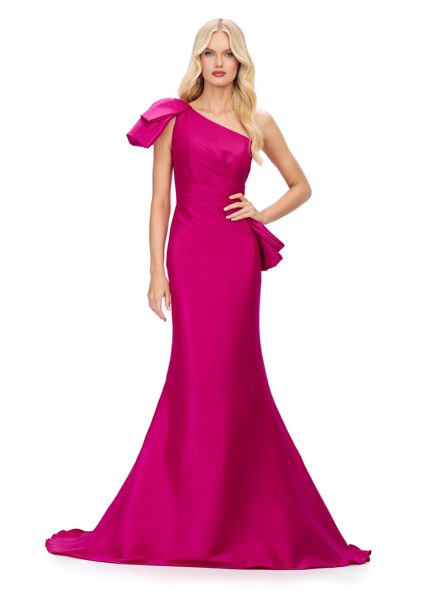 Ashley Lauren 11722 One Shoulder Evening Gown Taffeta Fit and Flare Ruching