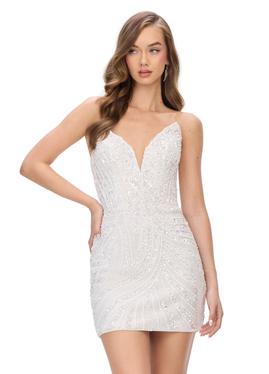 Ashley Lauren 4500 Size 00 Ivory Short cocktail dress Peak Point V Neck Formal Beaded Sequin Gown