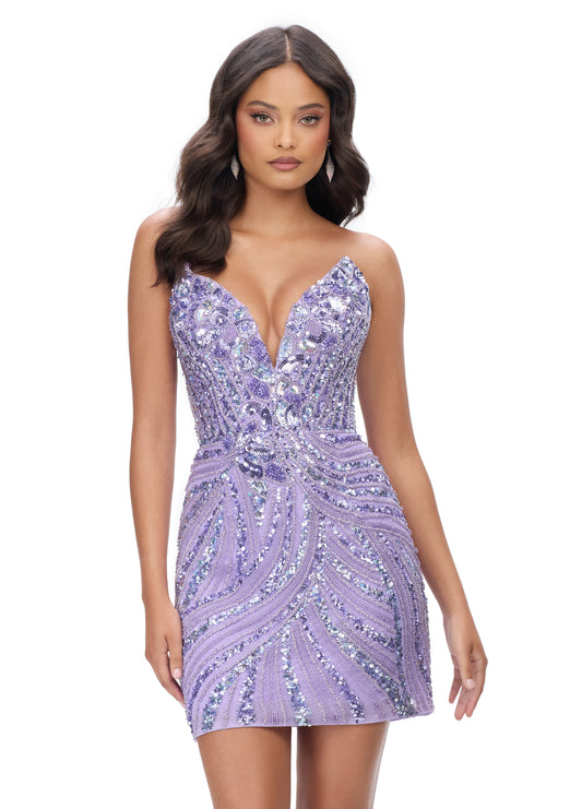 Ashley Lauren 4500 Lilac This knockout Short cocktail dress features a plunging V neckline and back and is made of sequins.&nbsp; It has a beautiful multi colored sequin pattern that makes this dress stand out.  Perfect for homecoming.