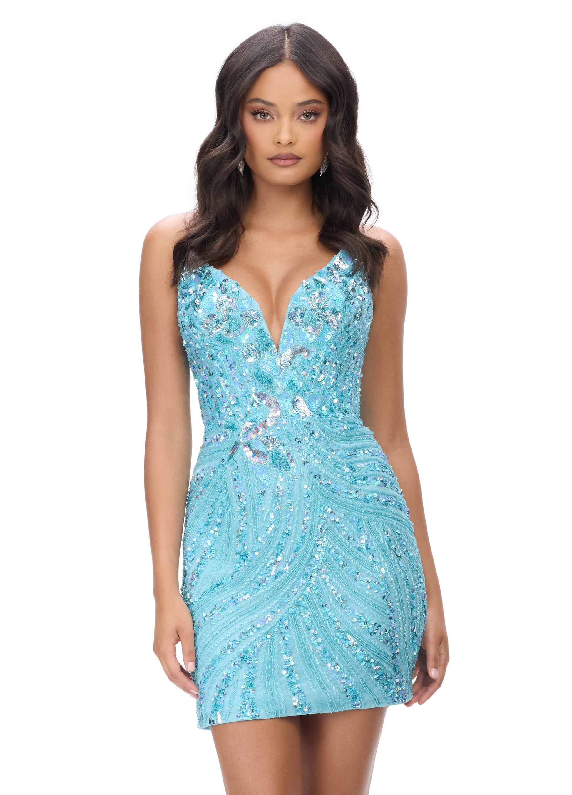 Ashley Lauren 4500 Sky Blue This knockout Short cocktail dress features a plunging V neckline and back and is made of sequins.&nbsp; It has a beautiful multi colored sequin pattern that makes this dress stand out. Perfect for homecoming.