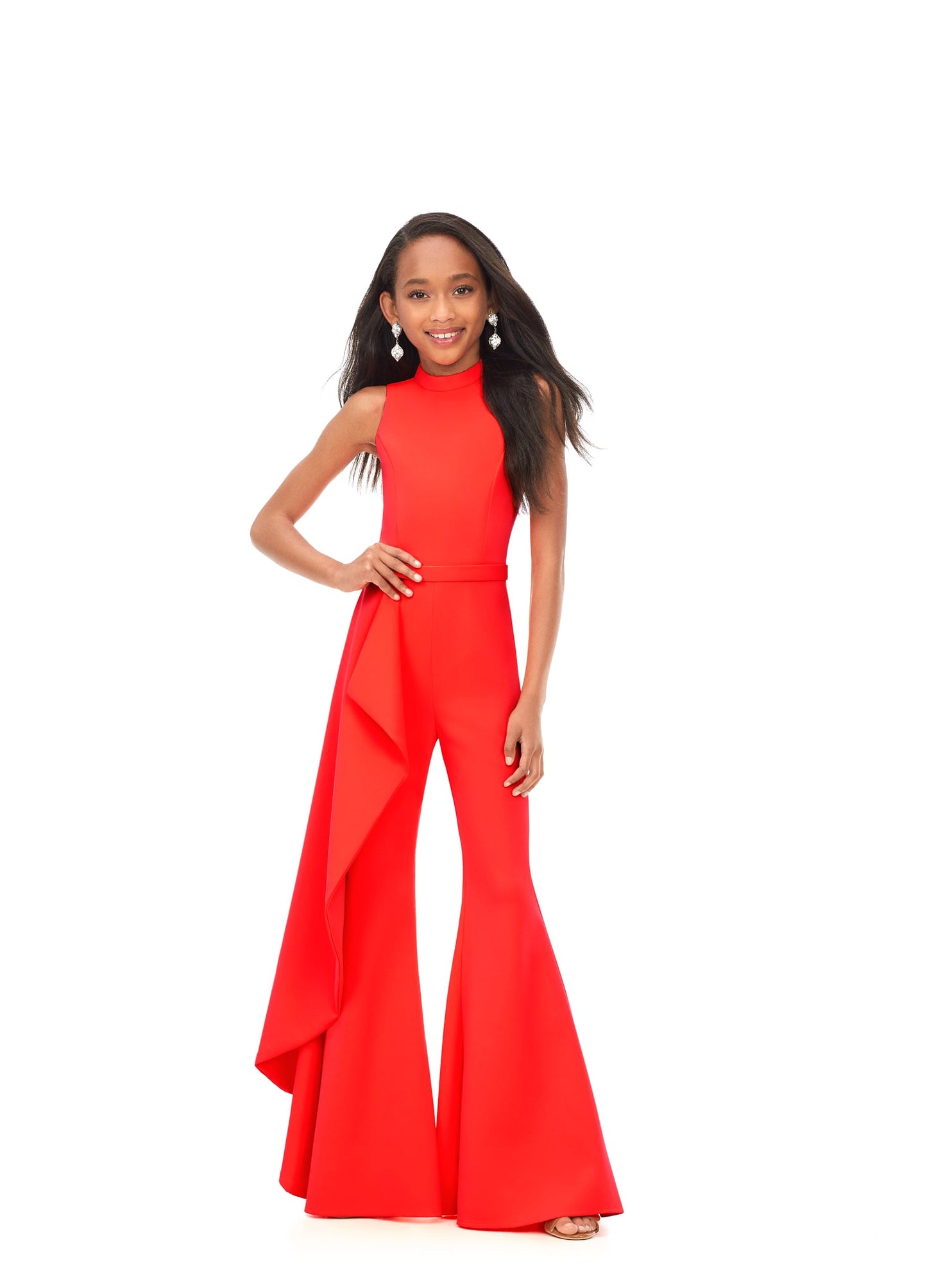 Ashley Lauren Kids 8158 Girls Pageant Jumpsuit with Ruffle Side Scuba High Neckline neon orange front