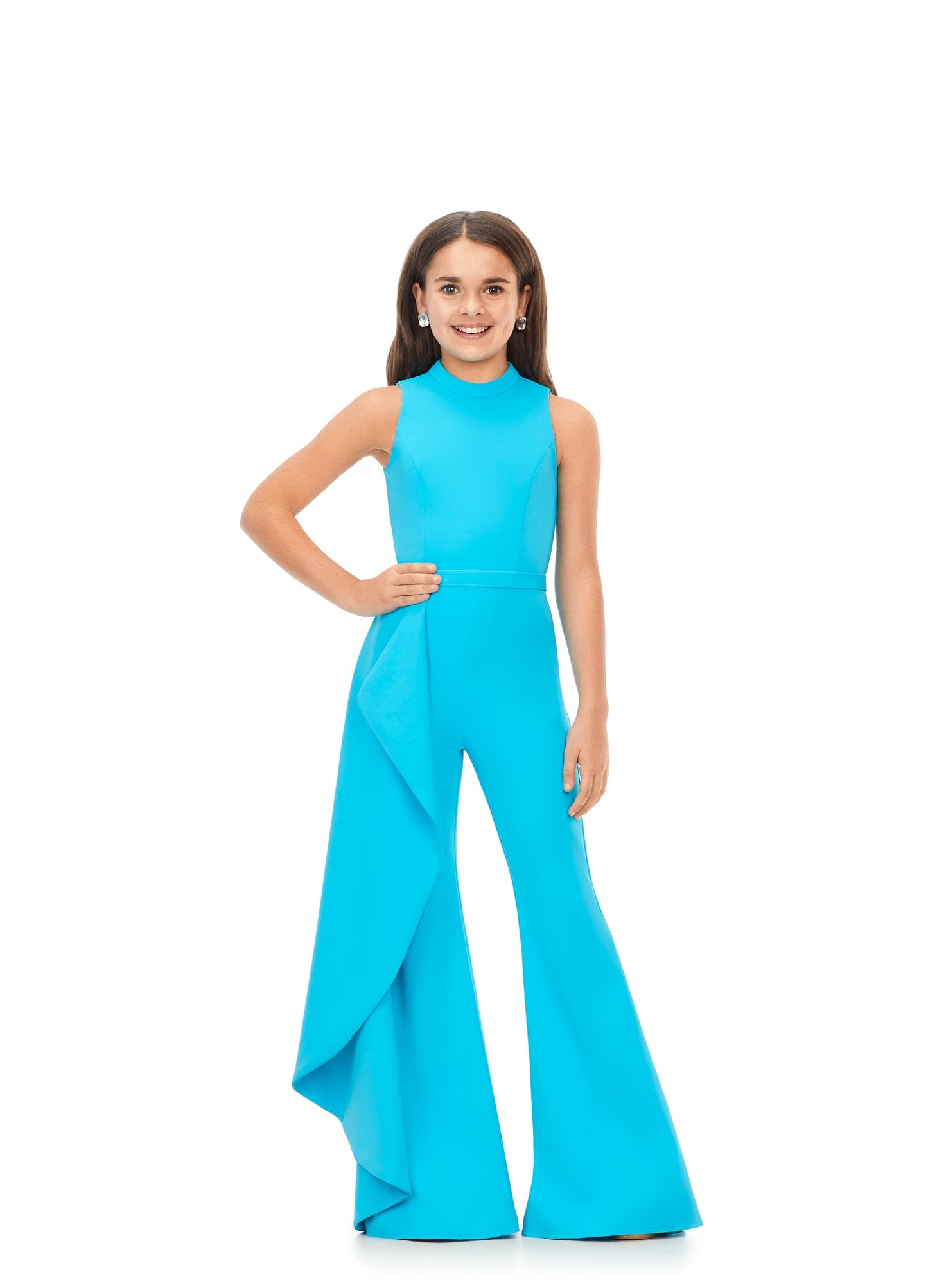 Ashley Lauren Kids 8158 Neon Orange Girls Pageant Jumpsuit with Ruffle Side Scuba High Neckline