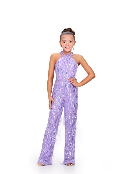 Ashley Lauren Kids 8194 Girls Pageant Jumpsuit Fully Beaded Halter Top Fringe Jumpsuit