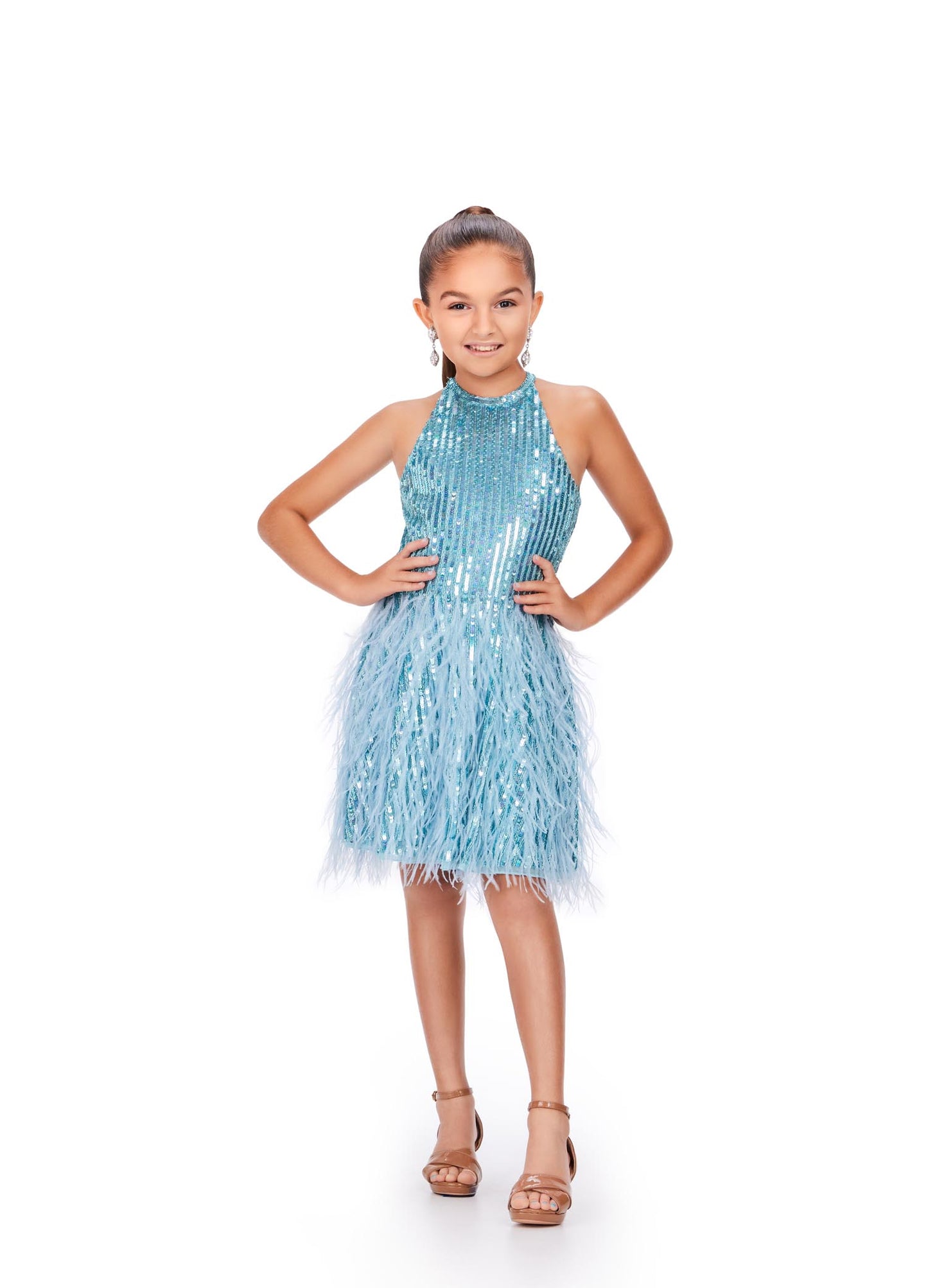 Ashley Lauren Kids 8196 Fully Beaded Girls Cocktail Dress Halter Top With Feather A-Line Skirt