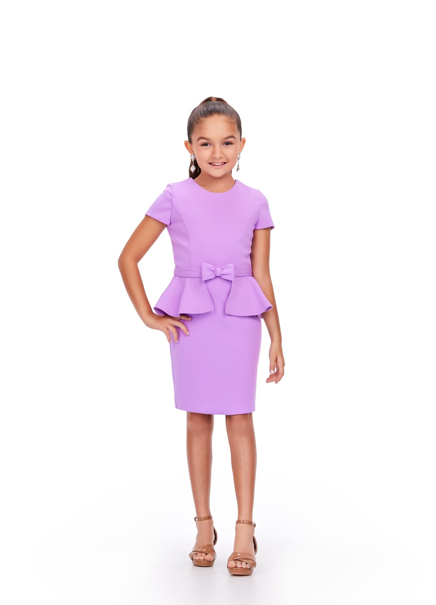 Ashley Lauren Kids 8205 girls peplum interview dress scuba with high neckline short sleeves