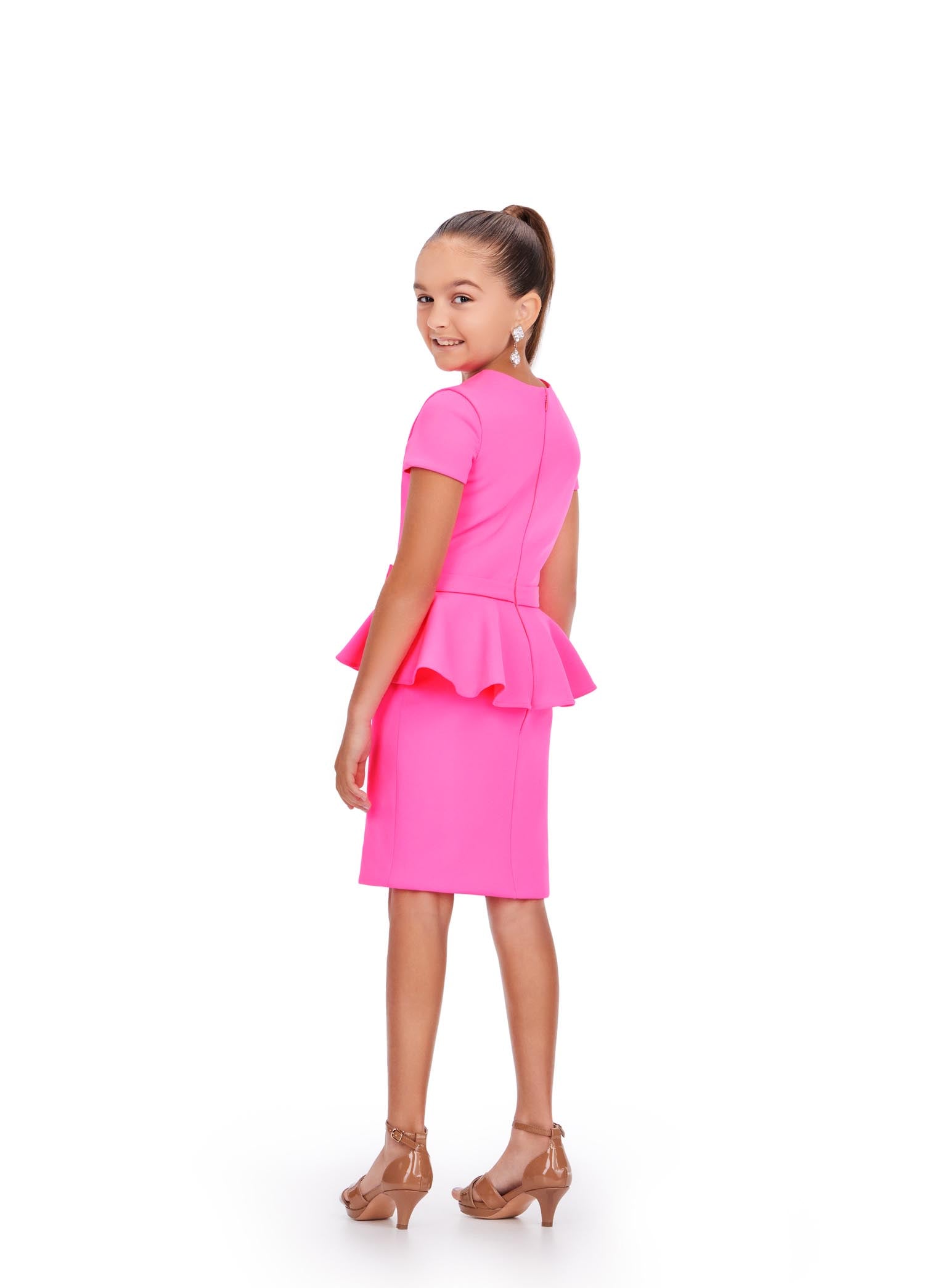 Ashley Lauren Kids 8205 girls peplum interview dress scuba with high neckline short sleeves