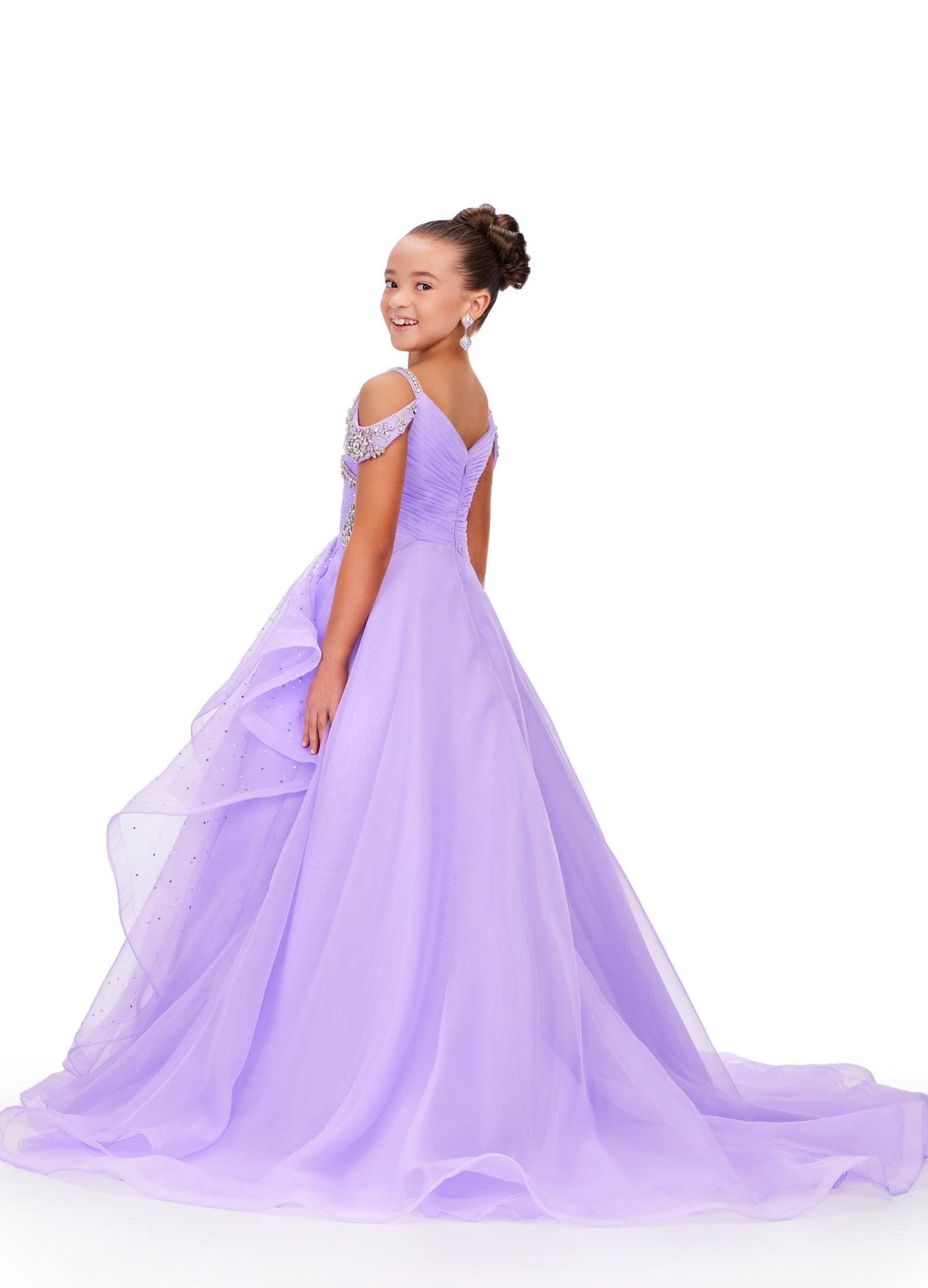 Ashley Lauren Kids 8213 Girls Pageant Dress.  A dress straight out of a fairytale! This organza ball gown features a V-Neckline and off shoulder beaded straps. The beadwork cascades down the dress giving major princess vibes! V-Neckline Off Shoulder Straps Crystal Details Ball Gown Black, Orchid, Sky