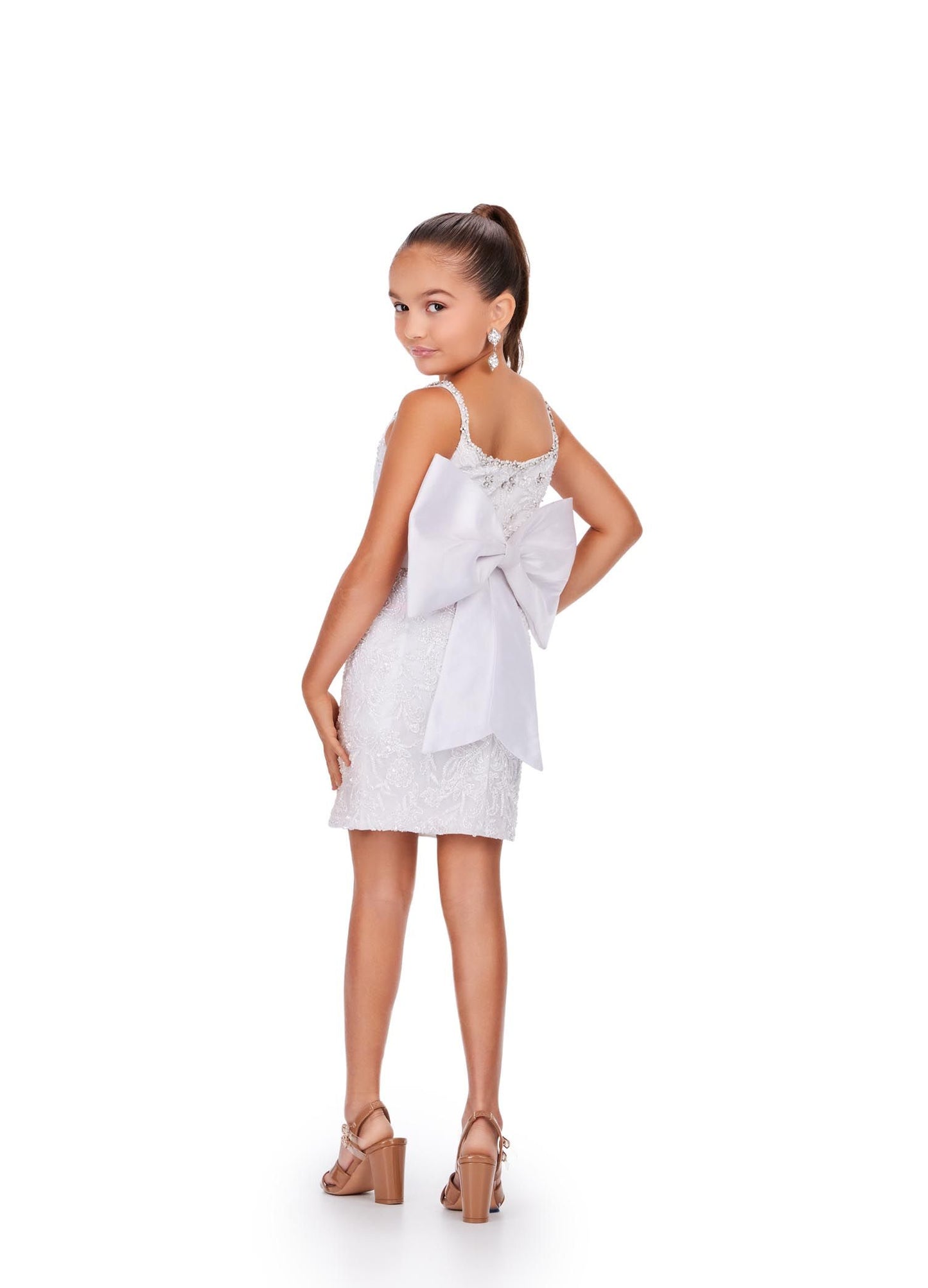 Ashley Lauren Kids 8230 Girls Cocktail Dress Fully Beaded Oversized Removable Bow Fitted Skirt Spaghetti Strap Cocktail Dress