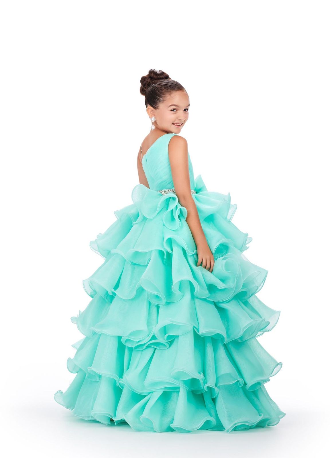 Ashley Lauren Kids 8217 Size 12 Ivory Long Ruffle Layer Girls Pageant Ballgown Bow Crystal Belt Gown