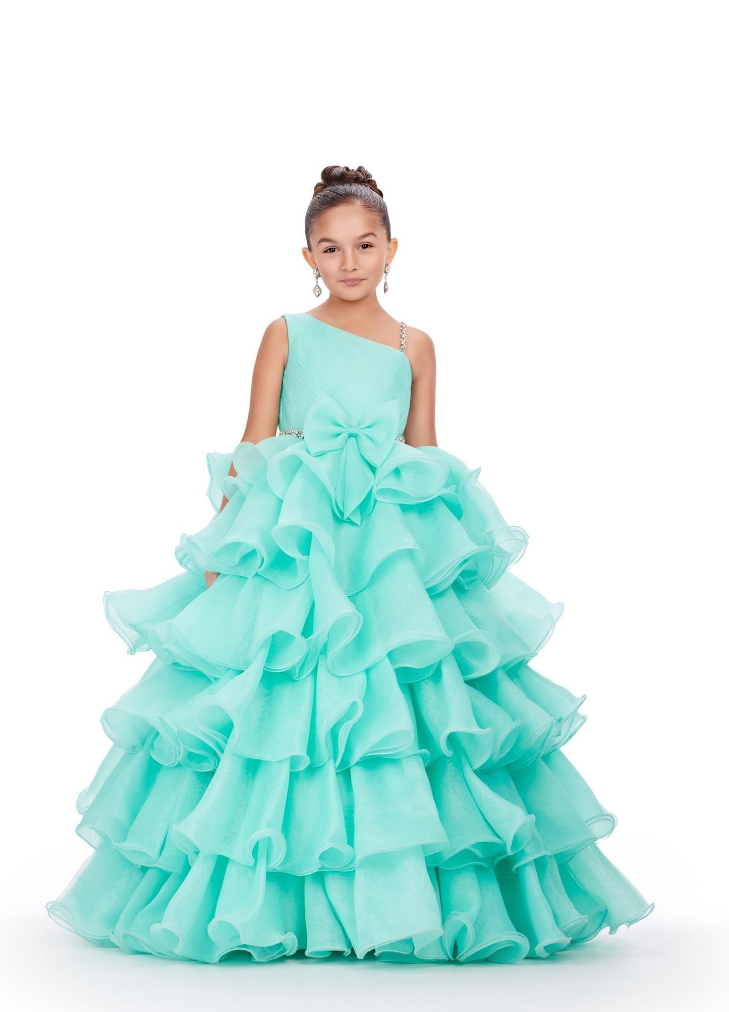 Ashley Lauren Kids 8217 Size 12 Ivory Long Ruffle Layer Girls Pageant Ballgown Bow Crystal Belt Gown