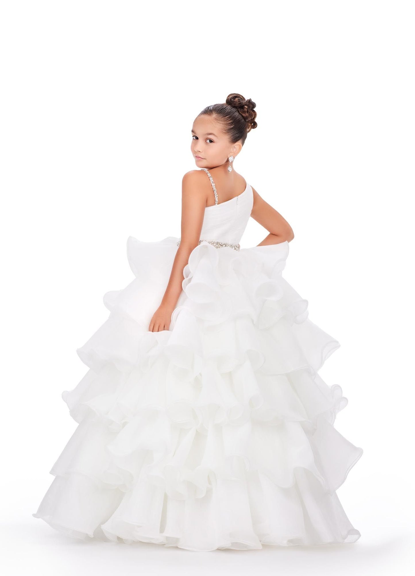 Ashley Lauren Kids 8217 Size 12 Ivory Long Ruffle Layer Girls Pageant Ballgown Bow Crystal Belt Gown