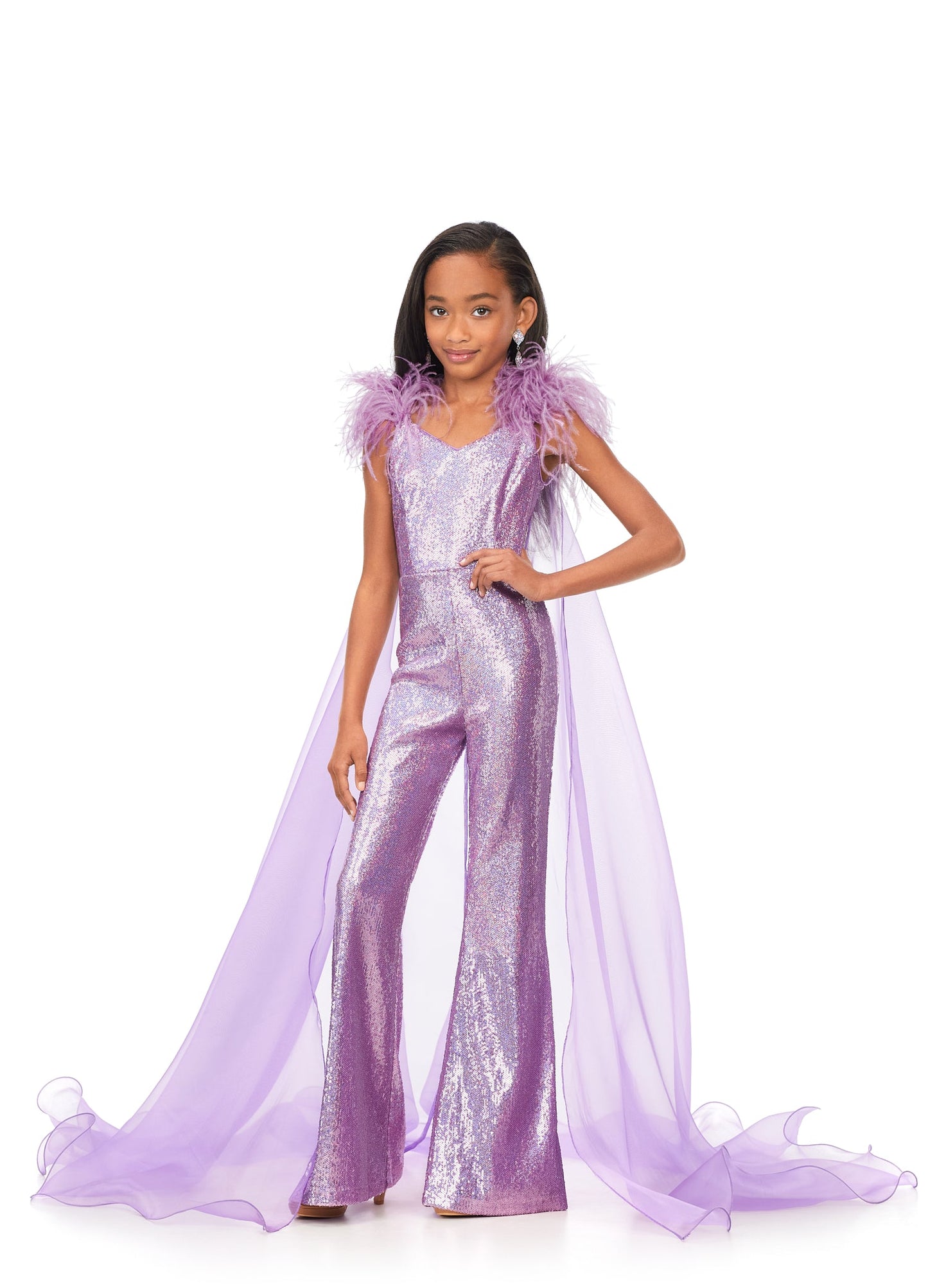 Ashley Lauren Kids 8174 Girls Sequin Jumpsuit with Organza Cape  Bring the drama in this kids sequin jumpsuit featuring a v-neckline. The look is complelted with an off the shoulder feather strap and organza cape.