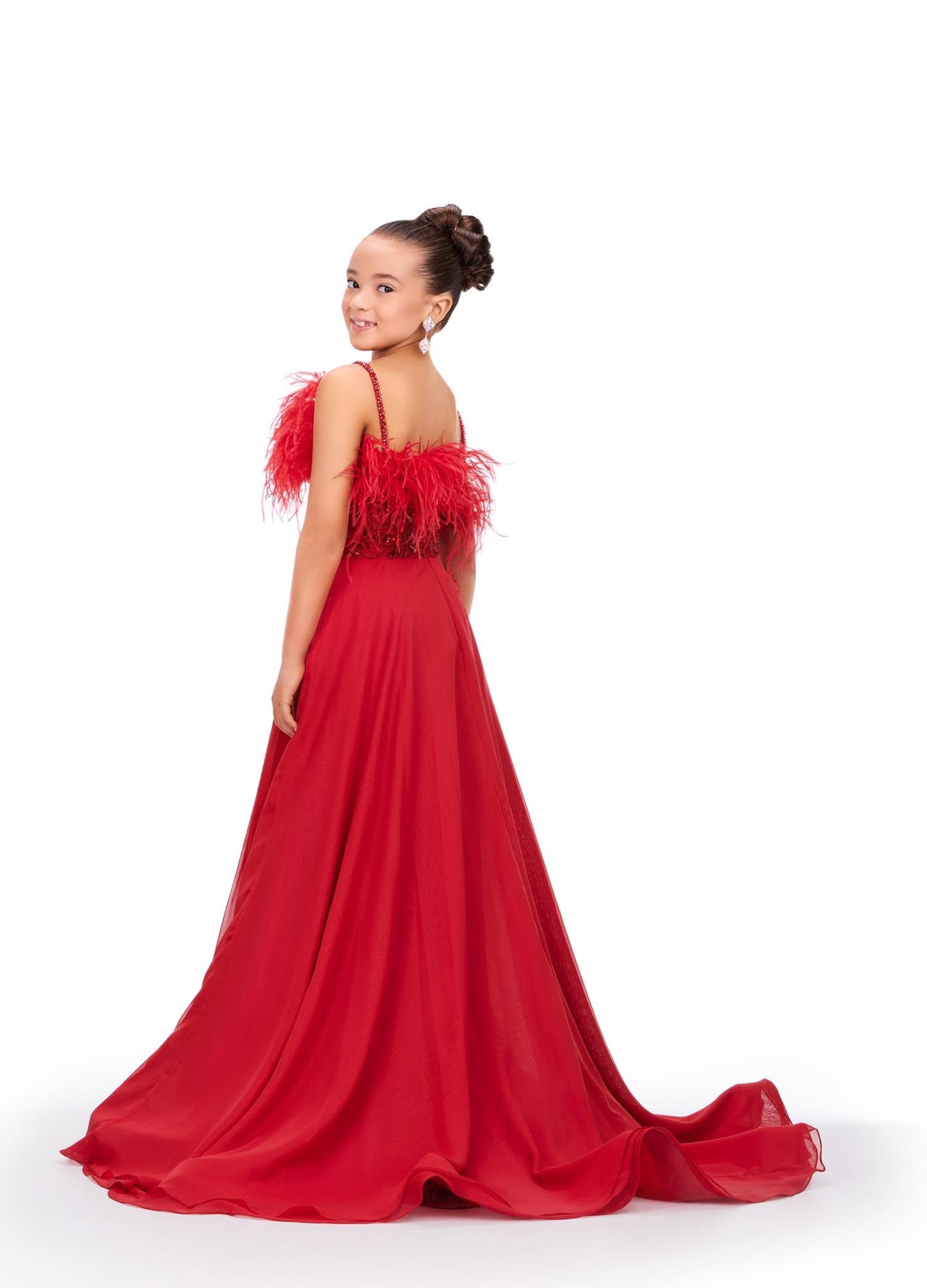 Ashley Lauren Kids 8236 Size 8 Red Long Girls Pageant Dress A Line Chiffon Feather Beaded Ball Gown