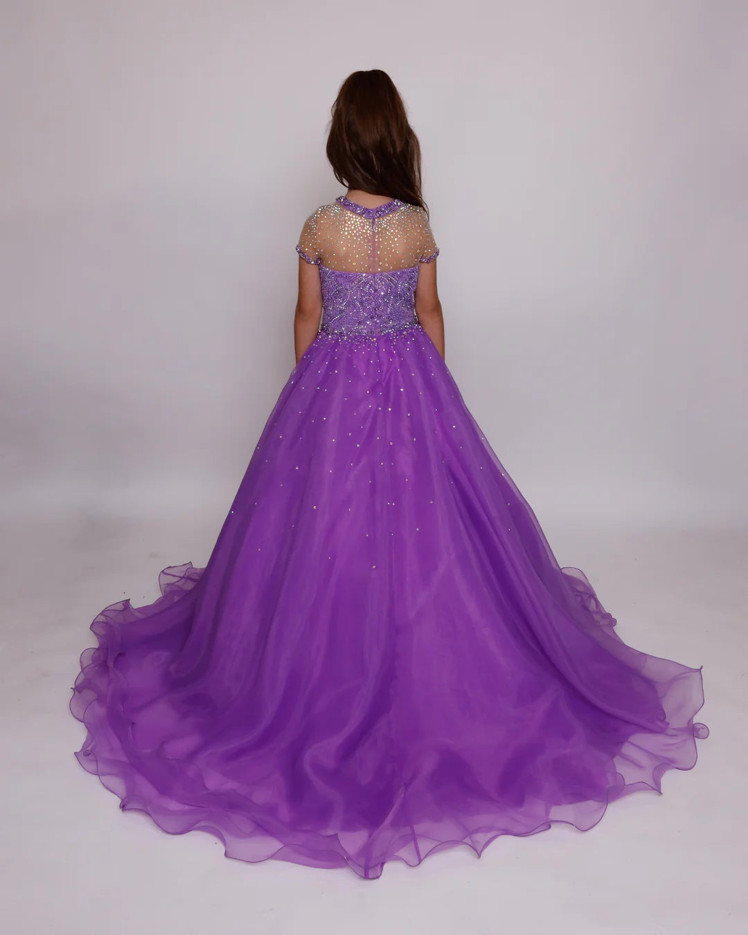 Ava Presley 38043 Girls Pageant Dress Sheer High Neck Ballgown cap sleeve crystal organza Train